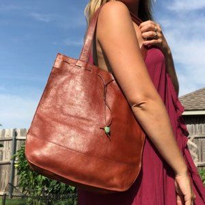 Vintage J.Jill Boho Soft Brown Leather Bucket Tote Boho Hippie Suede Lining